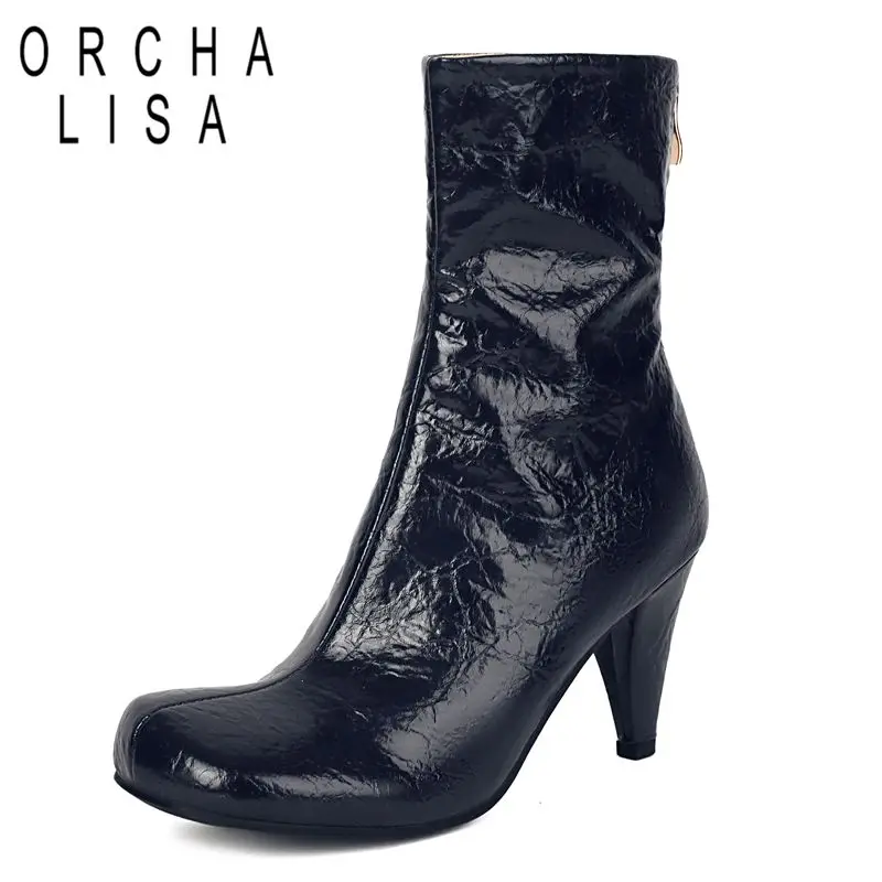 

ORCHA LISA 2025 Эластичные ботинки для женщин с круглым носком и блочным каблуком 8 см на молнии Маленький каблук 41 42 43 Модные женские ботинки до середины икры для свиданий