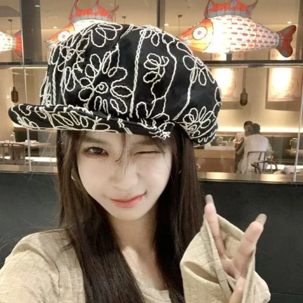 

Breathable Summer Beret for Women Large Head Size Octagonal Hat with Embroidery Adjustable Face Slimming Daily Casual