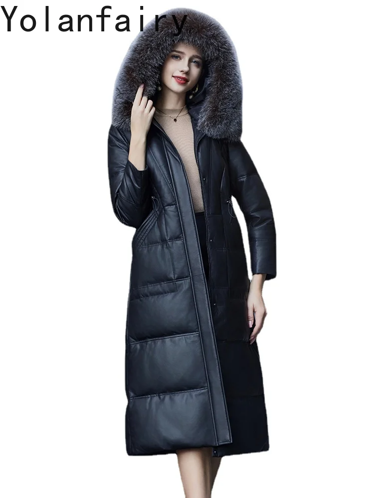 

Genuine Leather Down Coat Women's Long Puffer Jacket 2023 Winter New Fox Fur Collar Knee Length Sheepskin Leather Jackets FCY