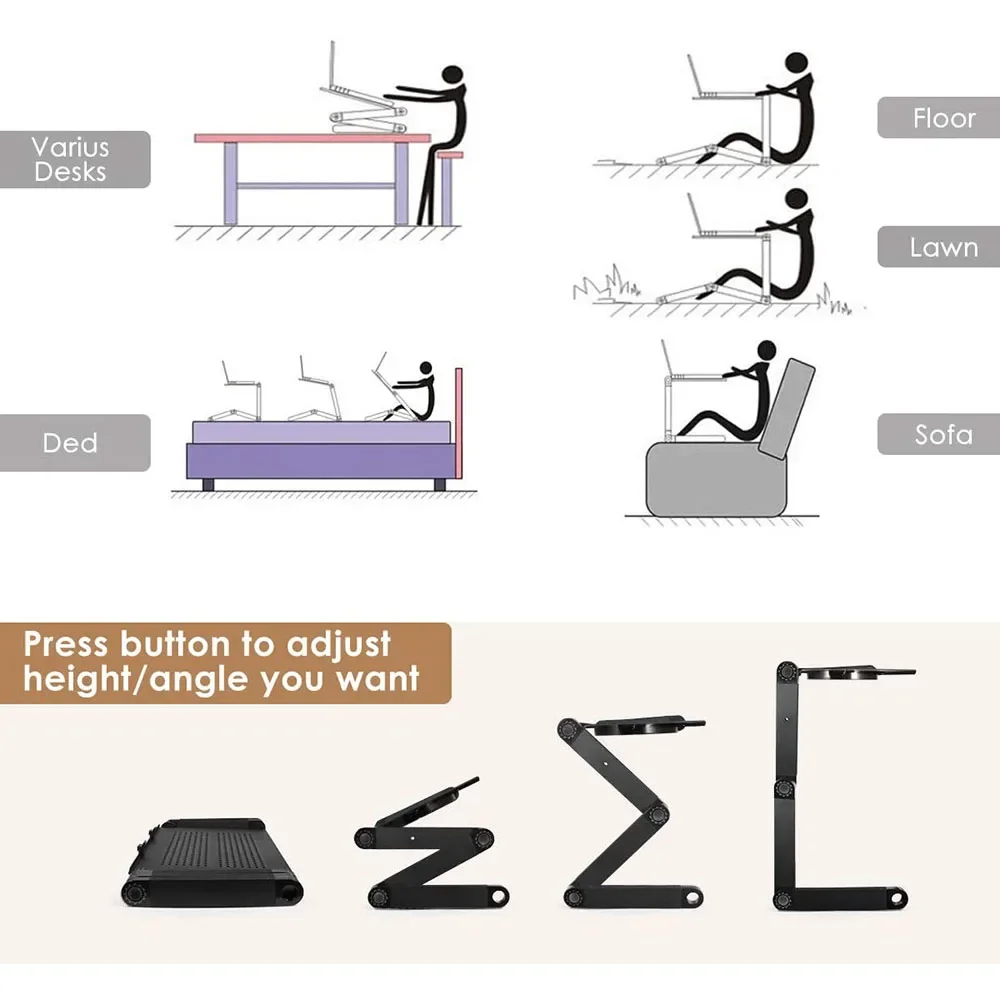 Adjustable Foldable Laptop Stand, Aluminum Laptop Desk, Large Cooling Fan, Mouse Pad for Bed, Sofa, Couch, Lap Tray