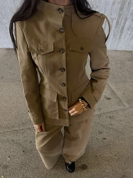 Strap Flap Pocketed Stand Collar Jacket Tailored Fit Buttoned 2025 Autumn Edgy Chic Women Outerwear Fashion Elegant Lady Coat 4 Strap Flap Pocketed Stand Collar Jacket Tailored Fit Buttoned 2025 Autumn Edgy Chic Women Outerwear Fashion Elegant Lady Coat 4