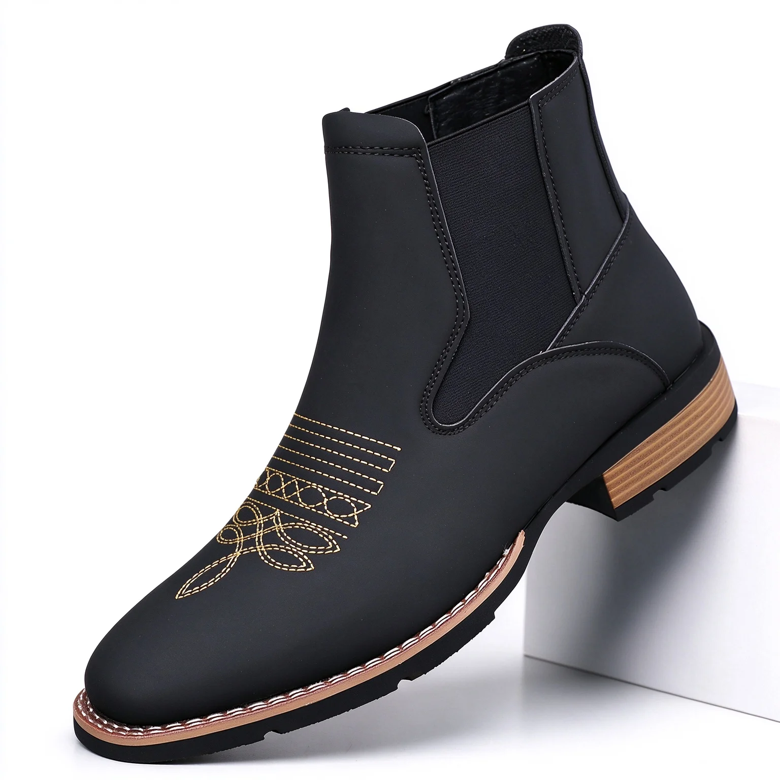 Men's Ankle Boots Vintage Square Toe Slip‑on Short Boot Elastic Side Band Embroidery Decor Fashion Casual Daily Shoes For Men