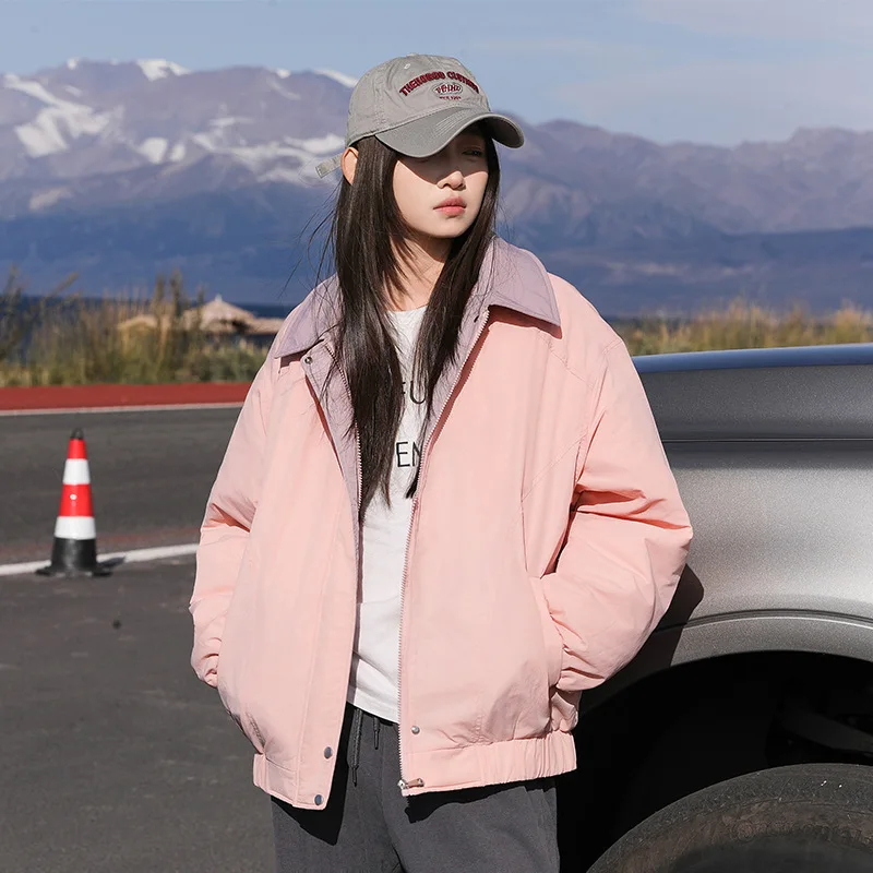 

Новая зимняя женская хлопковая куртка с лацканами в американском стиле, короткий стиль, контрастного цвета и хлопчатобумажная клипса