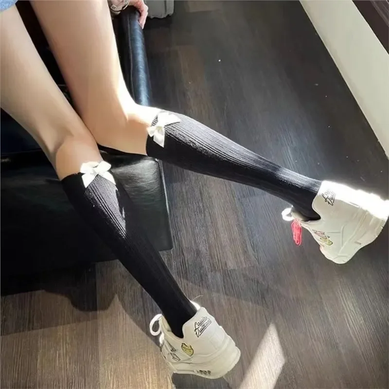 Elegant Long Tube Balletcore Bow Long Socks Knee High Stocking Golf Socks Ribbon  Hosiery Solid Color Lolita Club