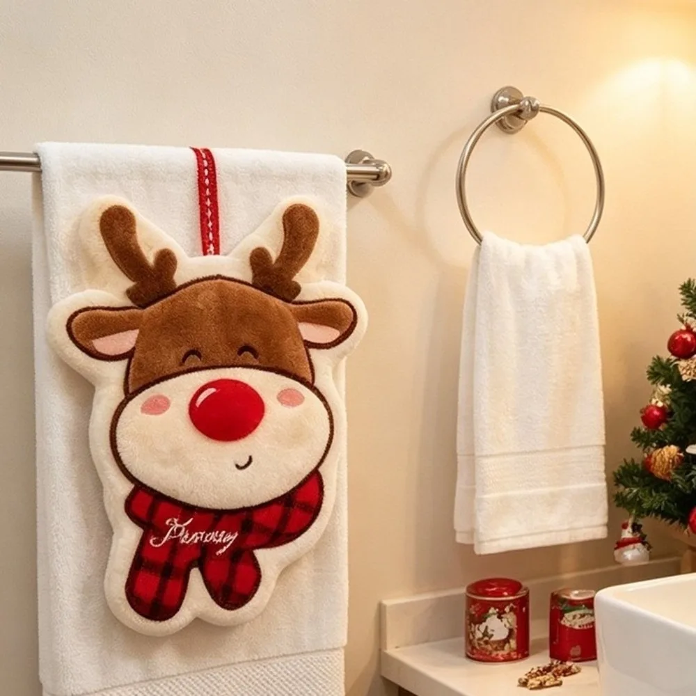 Practical Coral Velvet Coral Fleece Hand Towels Soft Polyester Hanging Bathroom Towel Reindeer Snowman Dish Towel Daily Use
