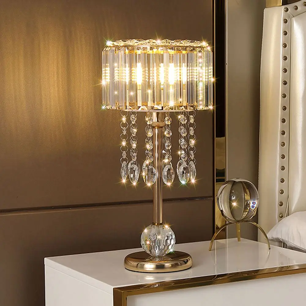 Luxury Crystal Table Lamp Gold Post-Modern Bedside Light Prism Shade Desk Lamp with Pendants Tassel Deco for Bedroom Living Room
