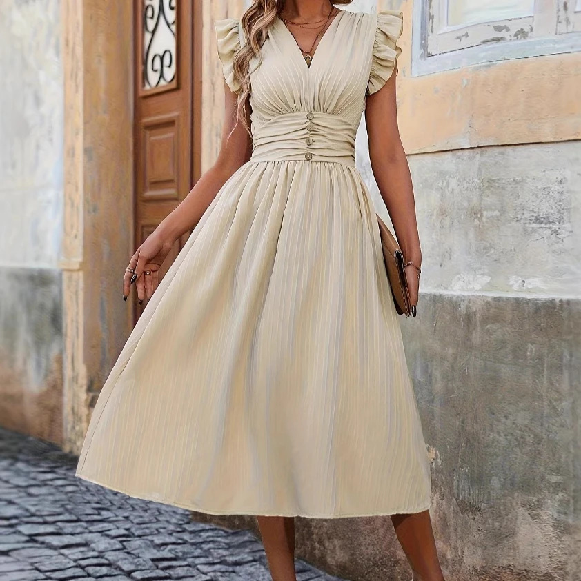 

Ladies Ruffle Sleeve Solid Dress Elegant Waist Tie Summer Fashion