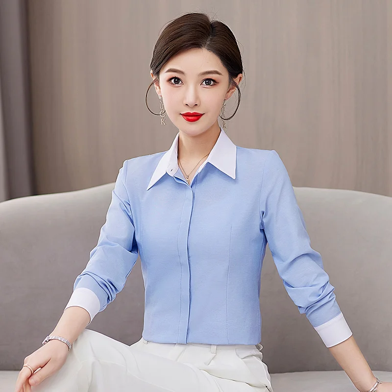 

Female Spring And Autumn Season New Solid Color Versatile Long Sleeved Underlay Women'S Flip Collar Fashion Slimming Shirt Lady