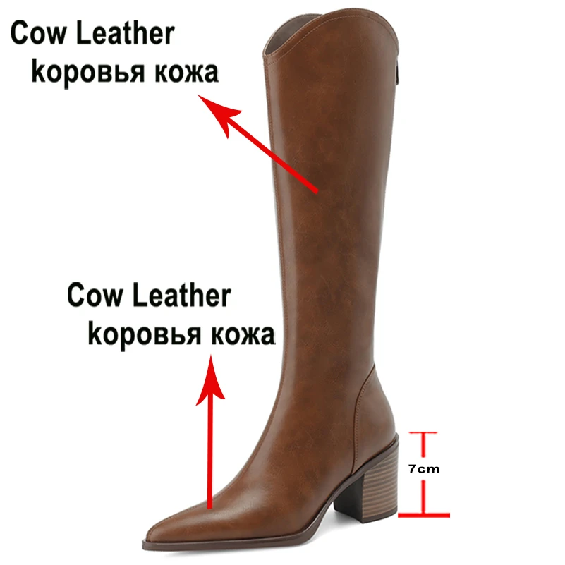 Meotina Women Genuine Leather Knee High Gogo Boots Pointed Toe Block High Heels Zipper Western Cowgirl Boots Ladies Winter Shoes