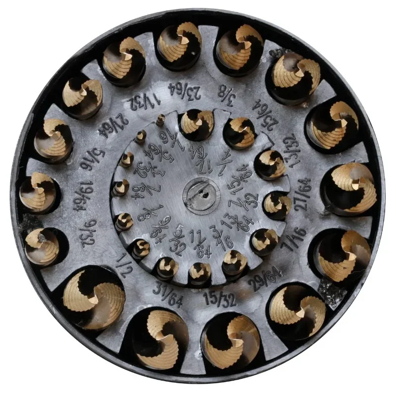 29 Piece Cobalt Stepped Point Drill Bit Set in Round Case w/Gold Oxide Finish for Drilling Acrylic, Steel, Hard Metals