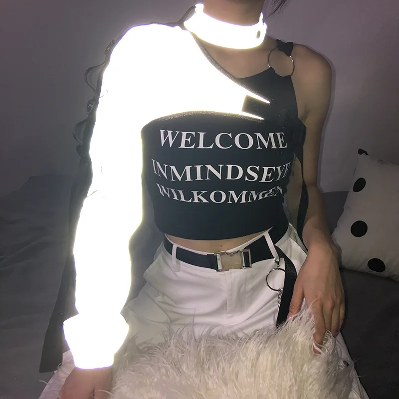 Reflective Backpack Buckle Long Sleeve Women's T-shirt Asymmetrical Single Shoulder Cross-Border Fashion BF Style 2025 Summer