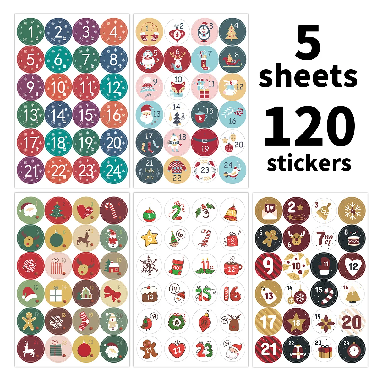 120pcs-5sheets Colored Christmas Advent Calendar Stickers,Numbered 1 To 24 Countdown Decal,Christmas Scrapbook Planners Supplies
