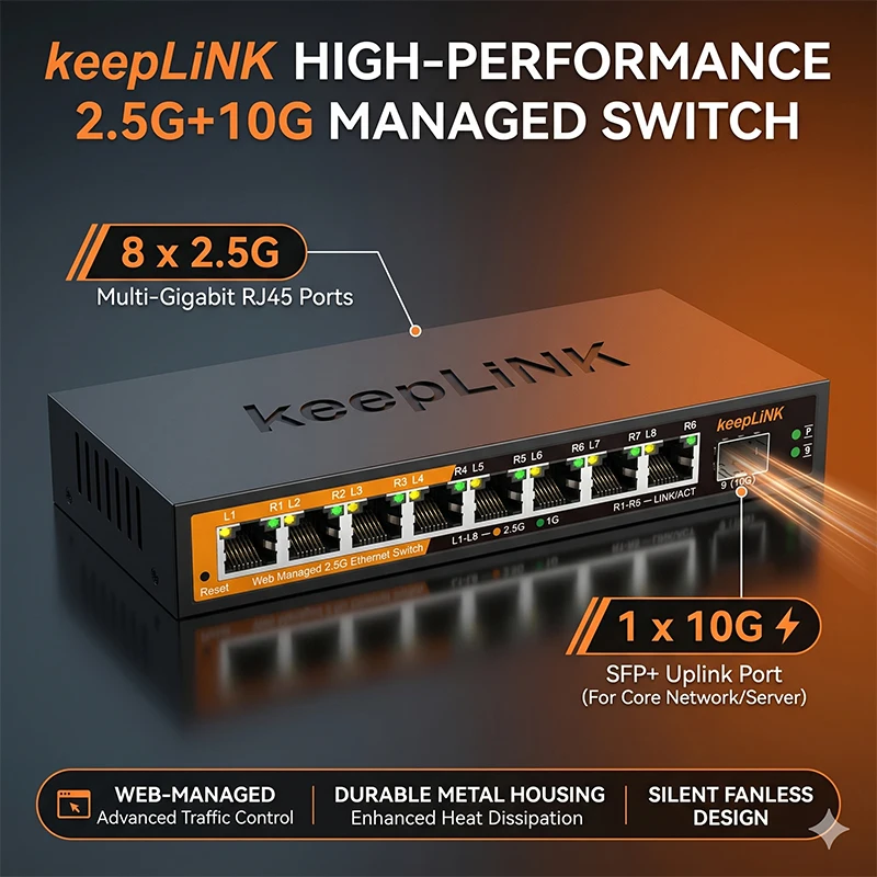 KeepLiNK 9-Port 2.5G Web-Managed Switch |   8x 2.5GbE + 1x 10G SFP+ Uplink |   Multi-Gigabit-Netzwerk Ethernet IGMP Snooping