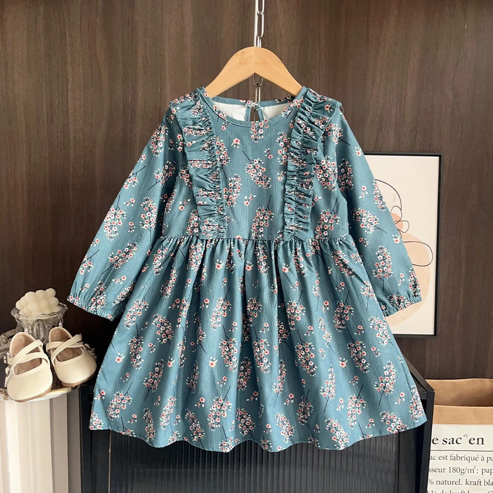 Leisure Countryside Style Girl 3-7 Years Old Round Neck Lace Long Sleeved Floral Printed Long Sleeved Dress Korean Version