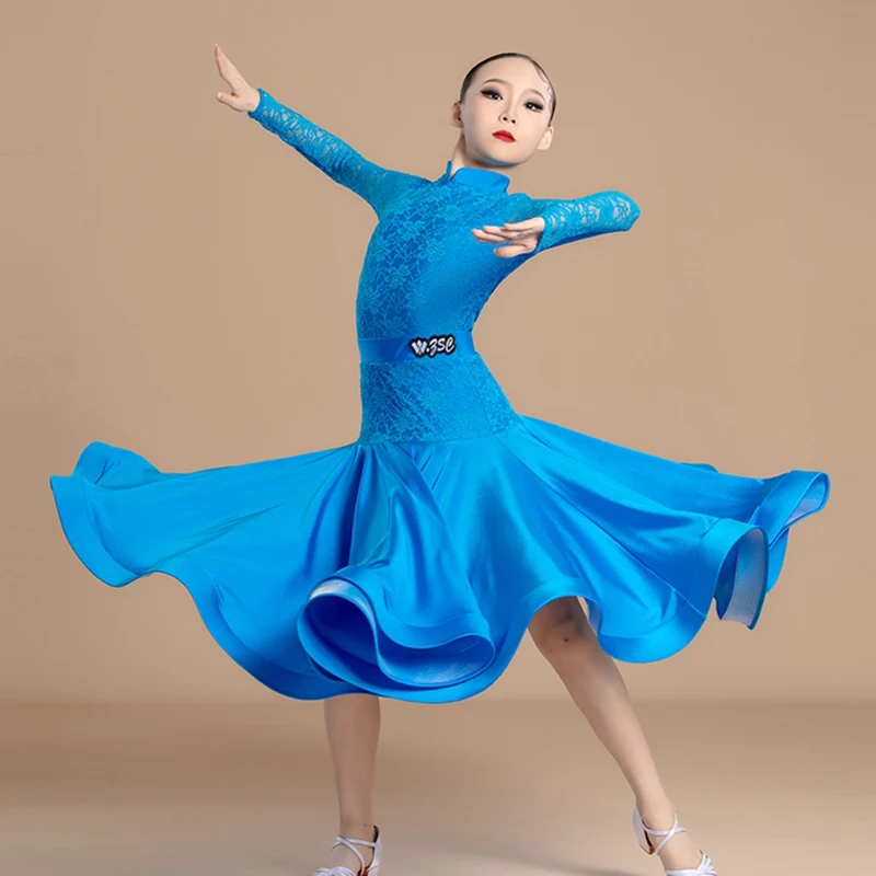 

Blue Ballroom Standard Dance Dress For Girl Competition Stage Costume Long Sleeve Bodysuit Skirt Waltz Modern Dance Suit VDL290