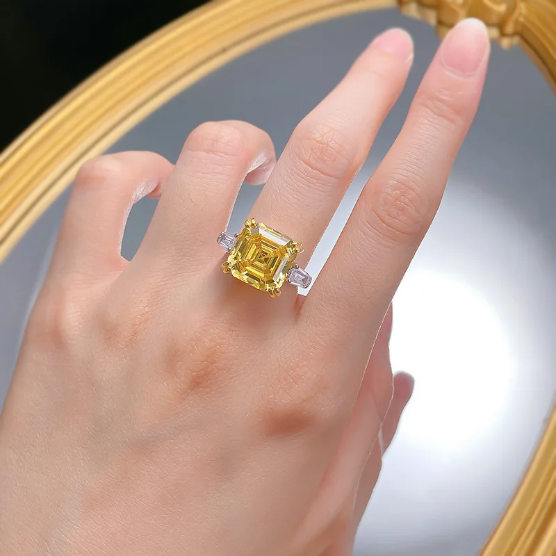 Yaranyan Vintage 925 Sterling Silver 12 * 12 MM Asscher Cut Lab Sapphire Citrine High Carbon Diamond Gemstone Ring Fine Jewelry