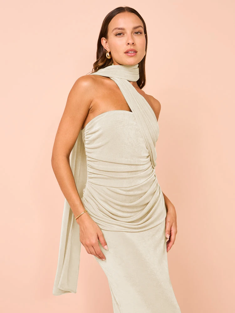 Articat Elegant Sleeveless Zipper Slim Evening Dress Women Neck Tie Up Elastic Tight Elegant Party Club Female Vestido 2024