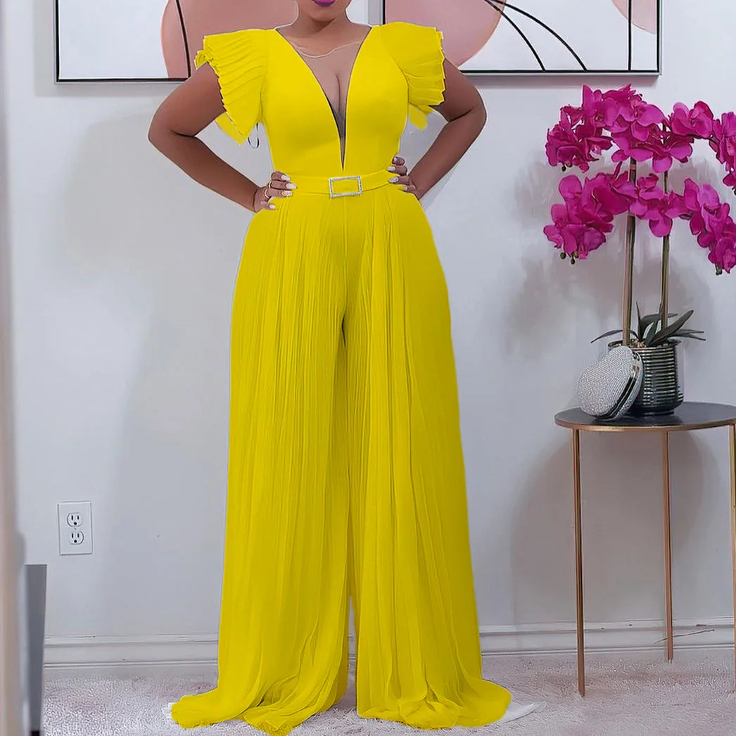 Pleated Jumpsuits Women 2023 Short Sleeve High Waisted Floor Length Solid Elegant Ladies Birthday Party Celebrate Occasion Event