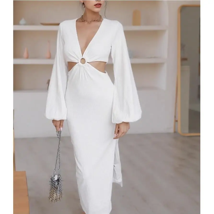 Sexy évider v-ne gilet moulante Dr pour anniversaire Par lumière Maturi Sle longue Sve lanterne Sve robe