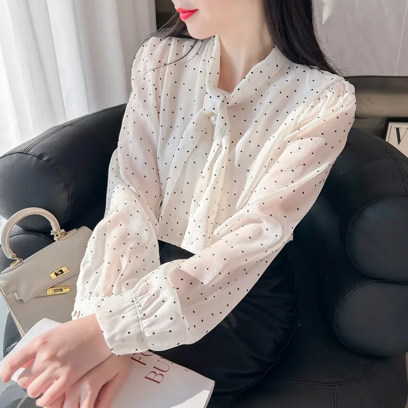 Polka Dot Parel Blouse Vrouwen Franse Stijl Lente En Herfst 2024 Lange Mouwen Kantoor Lady Mode Basis Strik Pullover Tops Dames