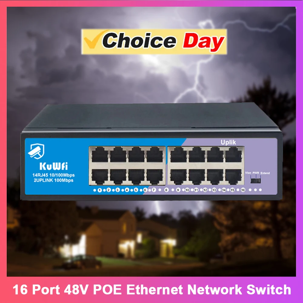 

Сетевой коммутатор KuWFi POE Ethernet, 16 портов, 100 Мбит/с, RJ45, порт UPLink, поддержка VLAN, удлинение 250 метров для камер видеонаблюдения/IP/маршрутизаторов APC/ПК