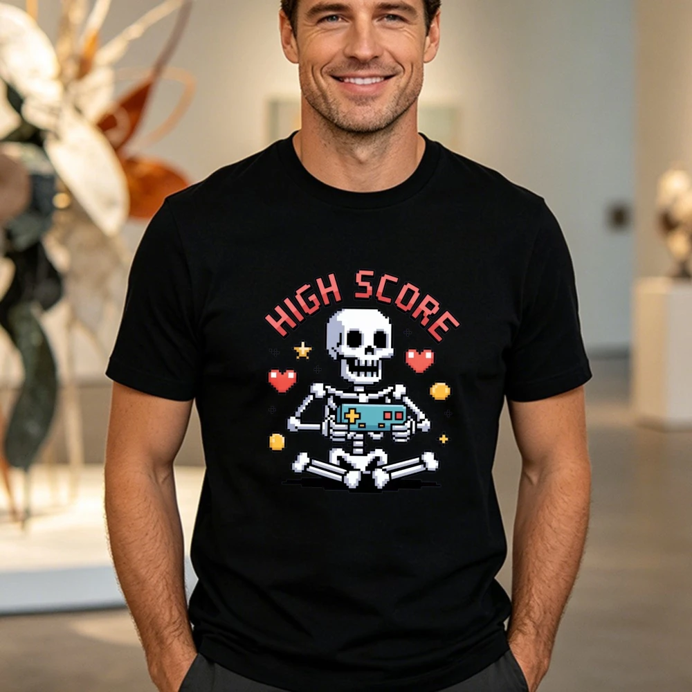 High Score Pixel Skeleton Tee Retro Gamer Playing Video Game Men Women Streetwear Shirt Retro Trend Cool Street Tops Cotton Tees
