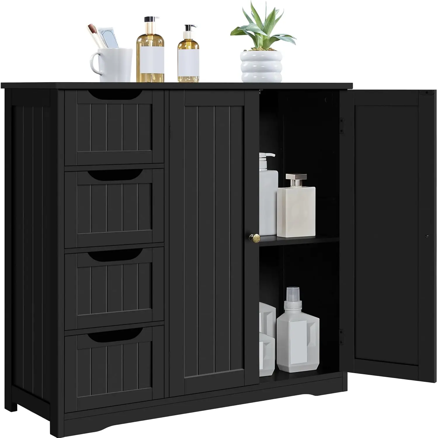 Small Bathroom Cabinet 4 Drawers 2 Doors Freestanding Slim 12in Depth Laundry Entryway Towel Storage MDF, Customized