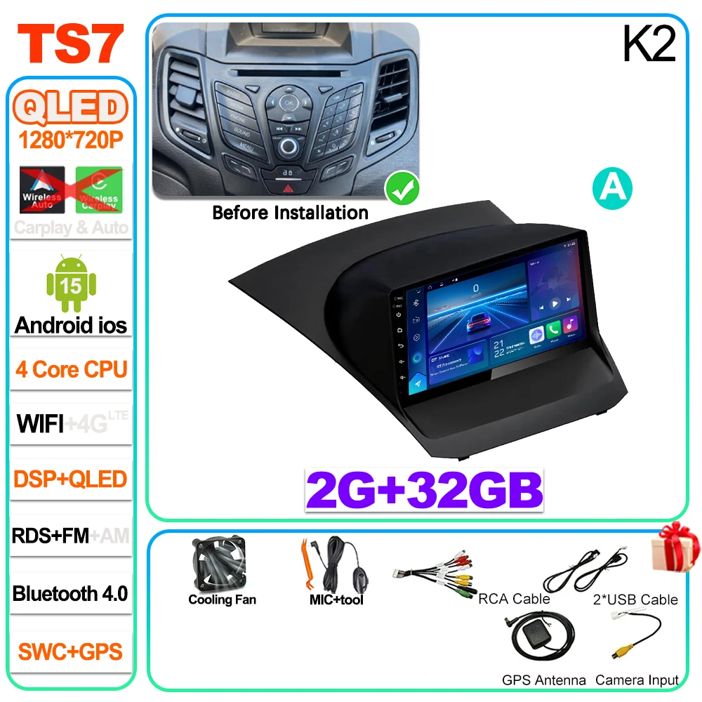 Auto radio Carplay Android 16 voor Ford Fiesta Mk 6 2009 2010 2011 2012 2013 2014 -2018 Radio Multimedia Videospeler Scherm GPS