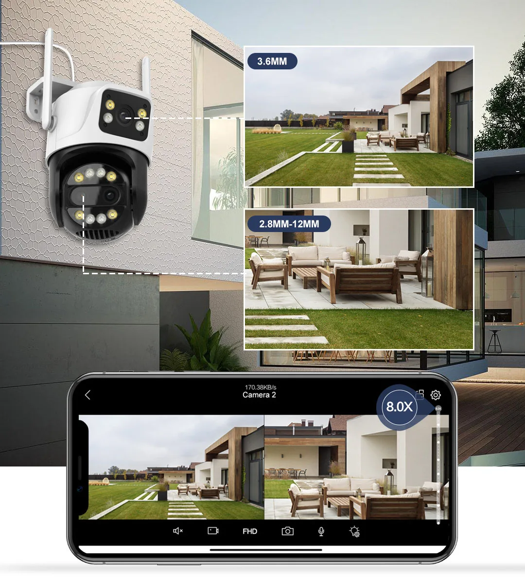 كاميرا Uzoom 12MP 6K WiFi مع تكبير 8X 3 عدسات شاشة مزدوجة كشف الإنسان تتبع تلقائي CCTV للمراقبة الأمنية الخارجية