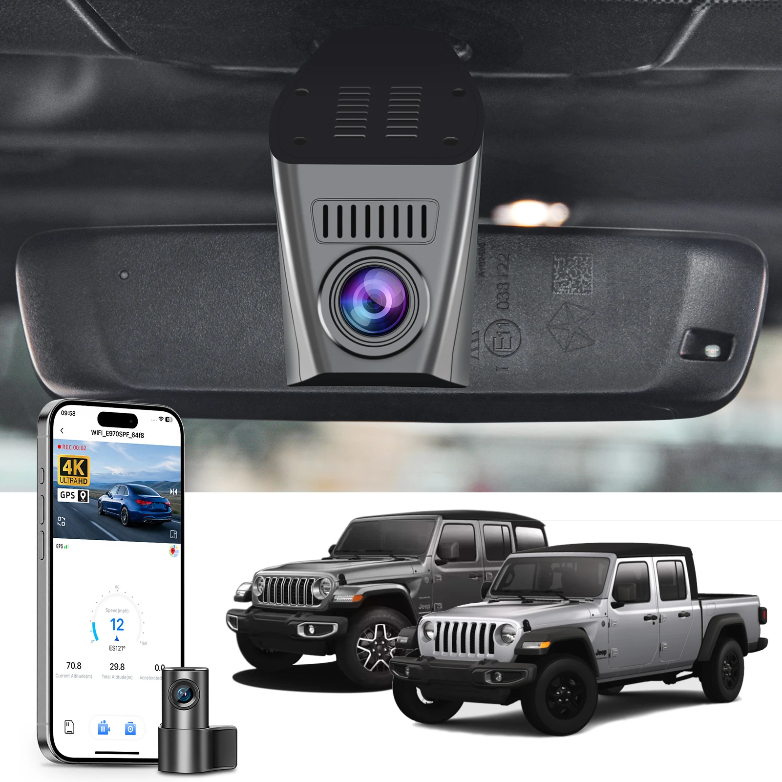 Cámara para Auto Mangoal 4K con WiFi y GPS para Jeep Gladiator JT 2020-2023 Mojave Overland Rubicon Wrangler JL 2018-2023