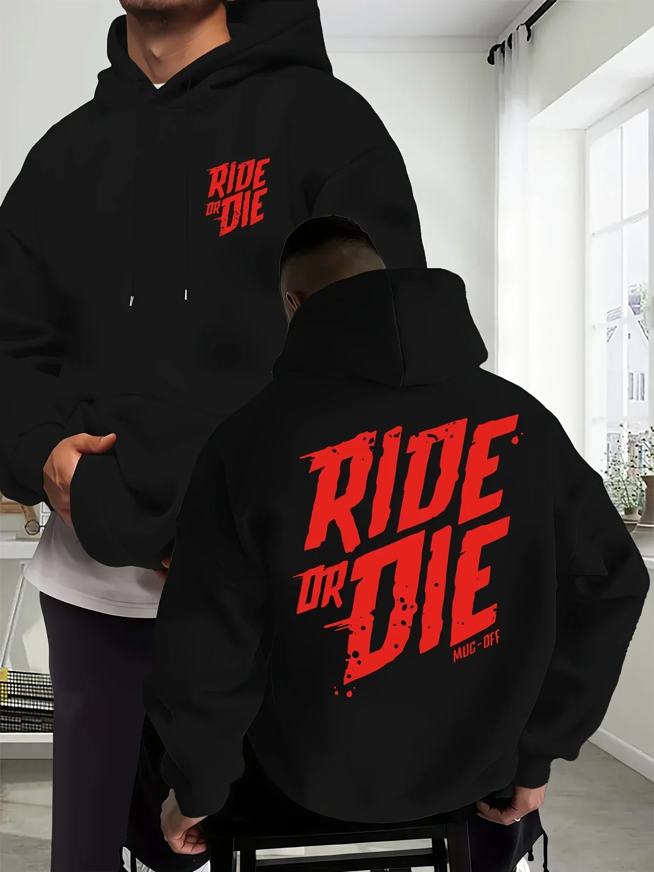 Distressed Red Ride Or Die Hoodie Muc-Off Letter Graphic Sweatshirt Unisex Motorcycle Streetwear Trendy Biker Daily Tops