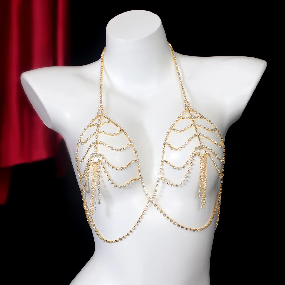 Glamorous Gold Crystal Bra Body Chain Decorated With Scalloped Mesh Mesh Lattice And Hanging Fringe Party Clubwear Jewelry
