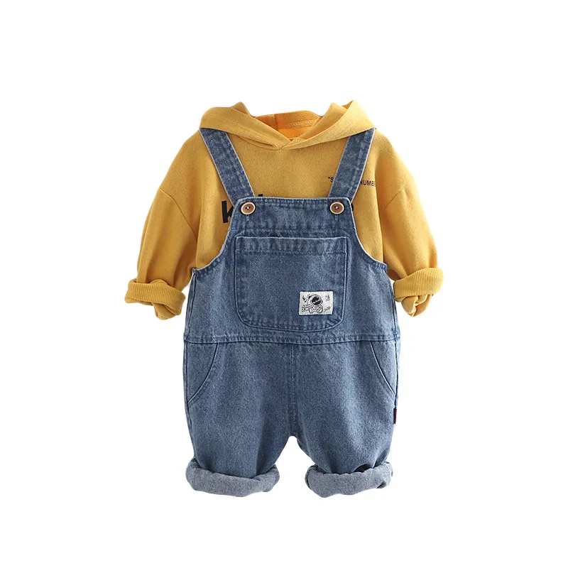 OLEKID 2024 Spring Autumn Korean Style Children Boys 2PCS Clothes Set Printed Letter Hoodie Denim Overalls Infant Baby Boys Suit