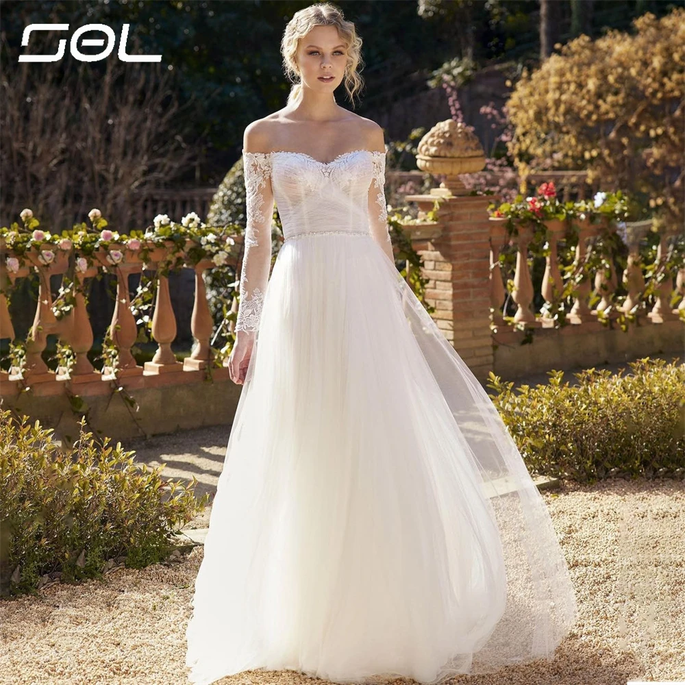 SOL elegante abito da sposa a maniche lunghe con scollo a cuore BOHO Appliques Backless a-line abiti da sposa lunghi fino al pavimento Sexy su misura