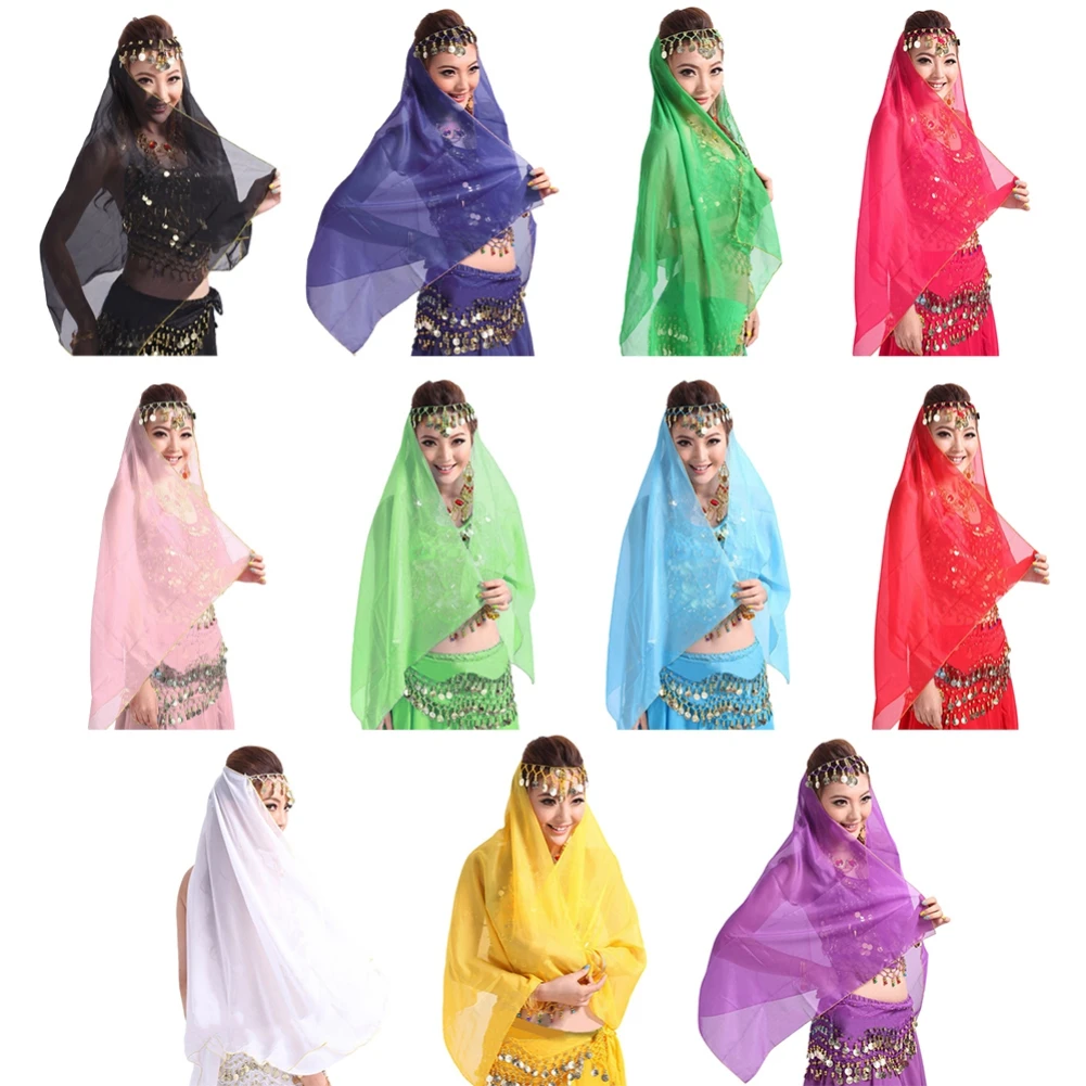 Women Headband Belly Dance Face Veil Headpiece Head Scarf Shawl Women\'s Chiffon Coin