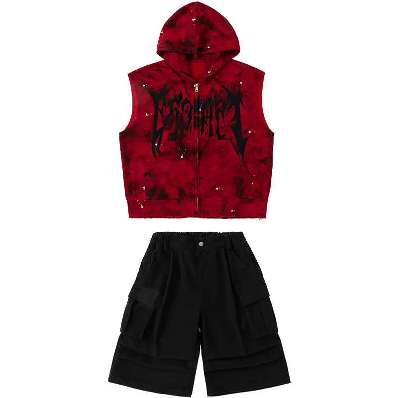 Neue Jungen Hip Hop Dance Kostüm Rot Mit Kapuze Weste Schwarz Shorts Gruppe Streetwear Fashion Jazz Bühne Leistung Rave Kleidung Sets