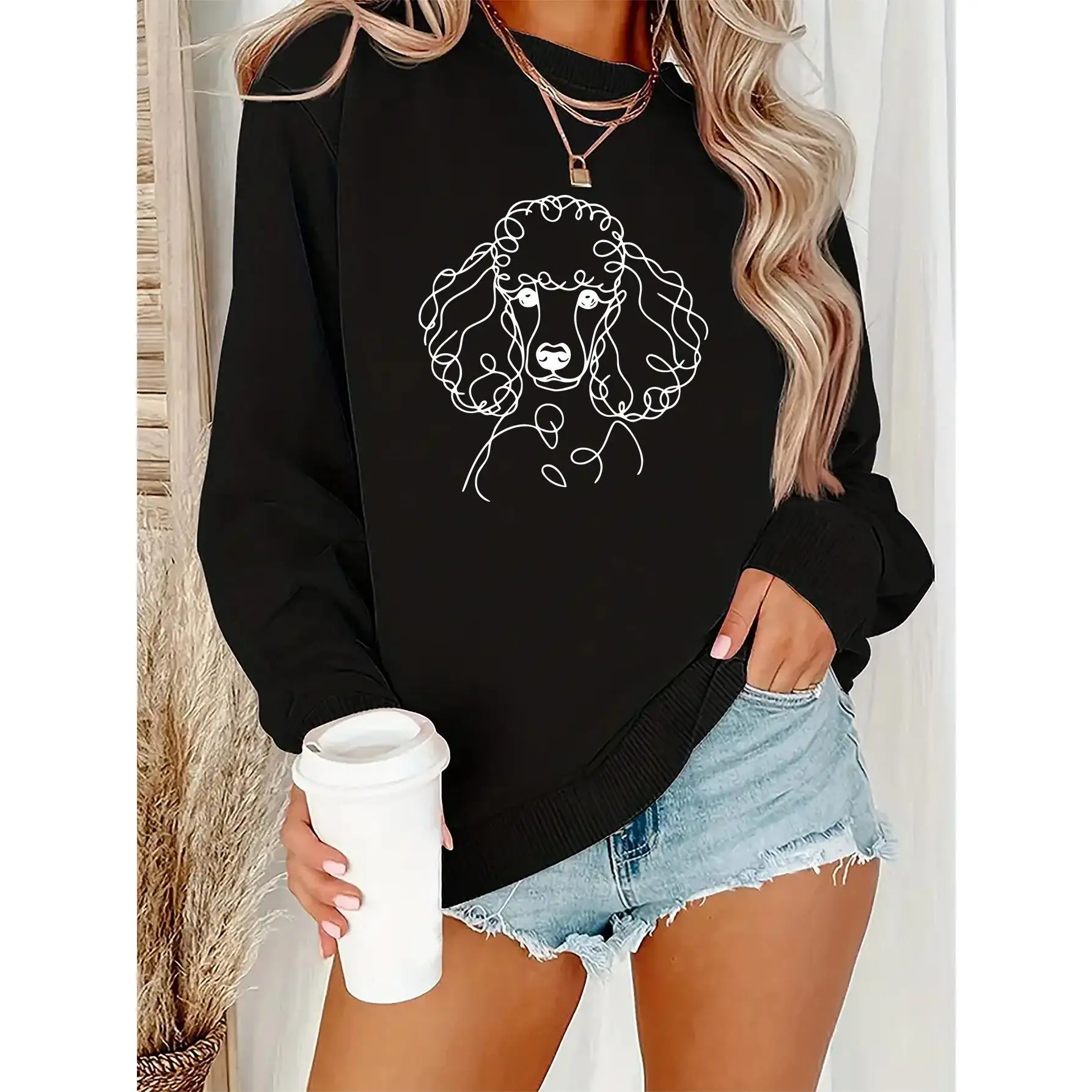 

Women's Poodle Dog Lover Sweatshirt | Minimalist Line Art Pet Breed Pullover | Modern Artistic Casual Gift Jumper Top