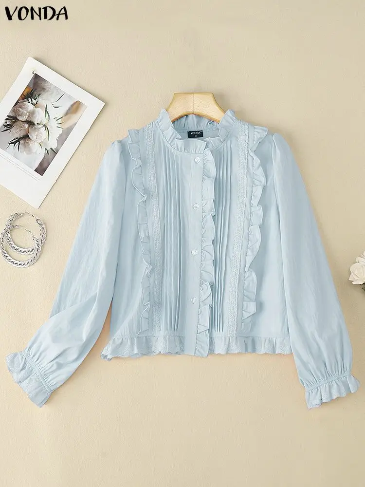 VONDA, camisa a la moda con volantes para mujer, otoño 2025, blusa lisa de manga larga con cuello redondo, Blusas informales holgadas coreanas de calle para mujer