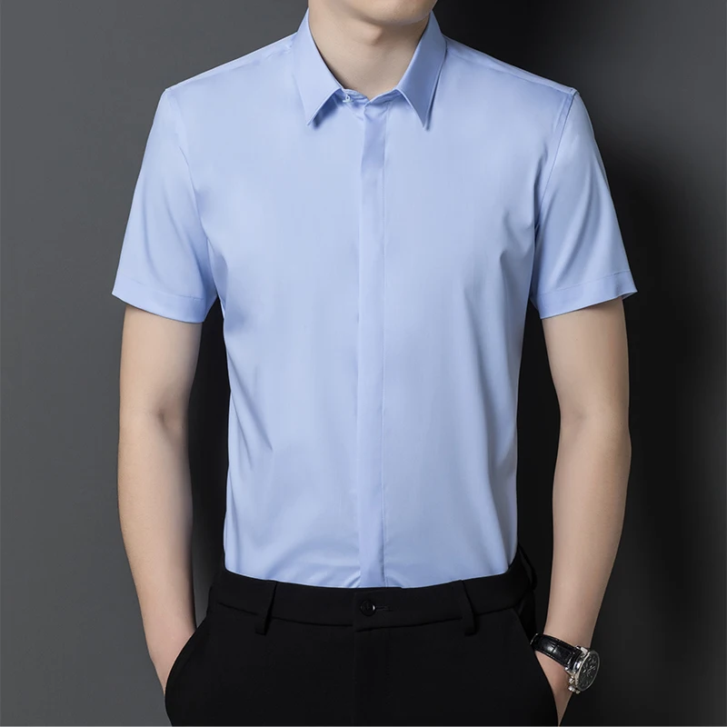 Hoge Kwaliteit Elasticiteit Heren Shirts Luxe Effen Kleur Zomer Overdekte Knoop Korte Mouw Business Casual Man Shirt Wit-Blauw