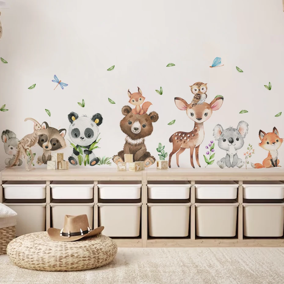 Cartoon Woodland Animals Bear Raccoon Rabbit  Wall Stickers for Kids Room PVC Vinyl Wall Decals Baby Room Decoration Home Decor