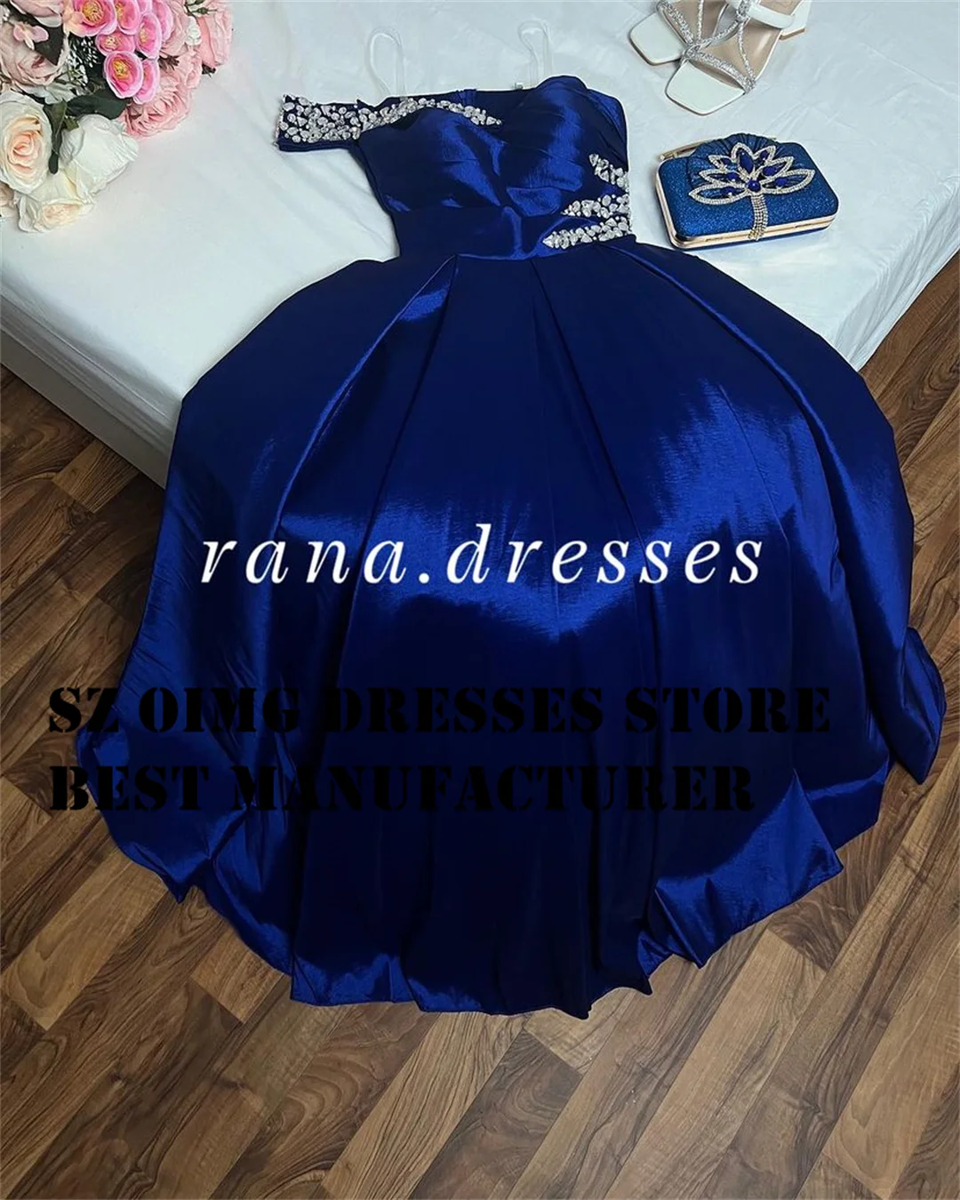 OIMG Elegant One-Shoulder Prom Dresses Sleeveless Blue Crystals Backless Satin A-Line Women  Gowns Formal Party Dress Customized