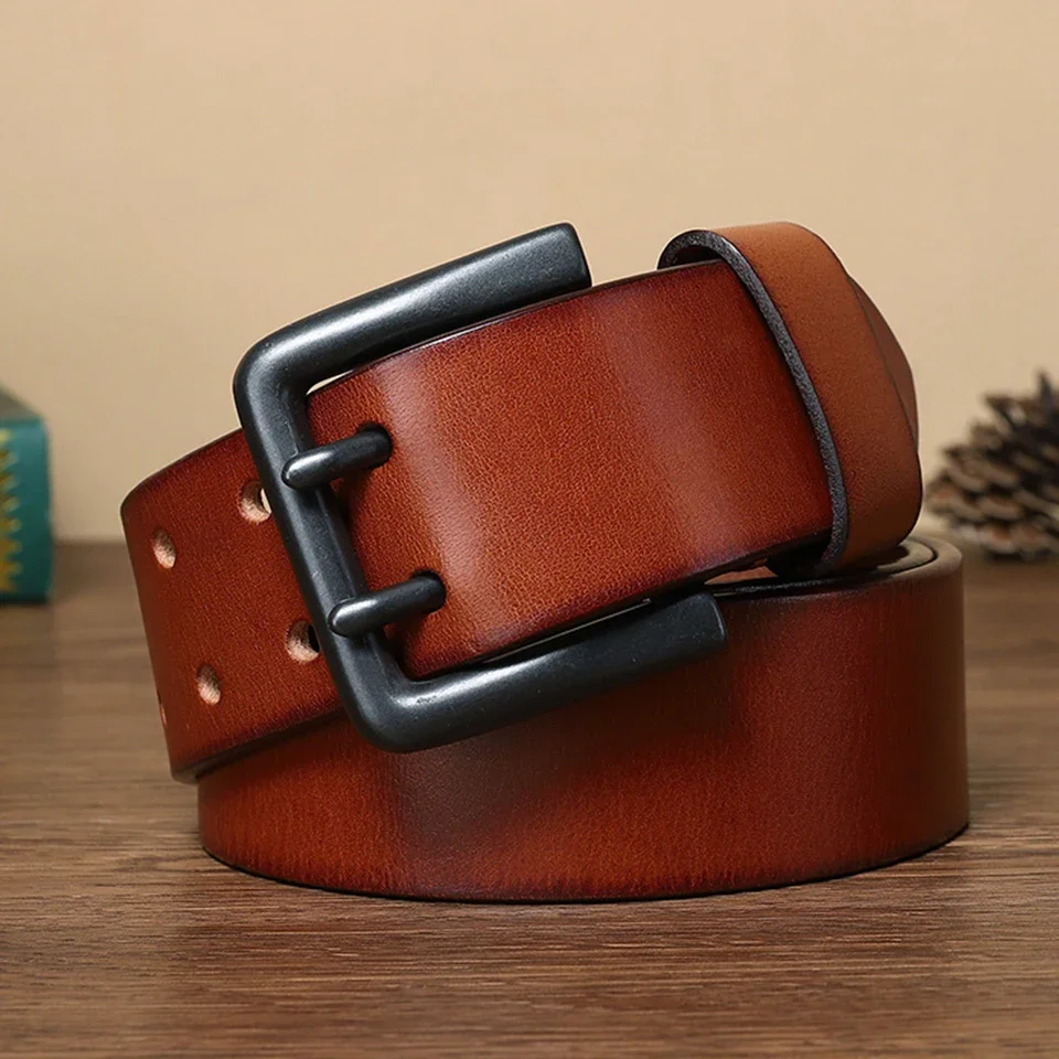 4.3cm Widened Double Needle Buckle Cowhide Leather Belt For Men's Genuine Leather Youth Business Travel Versatile Belt