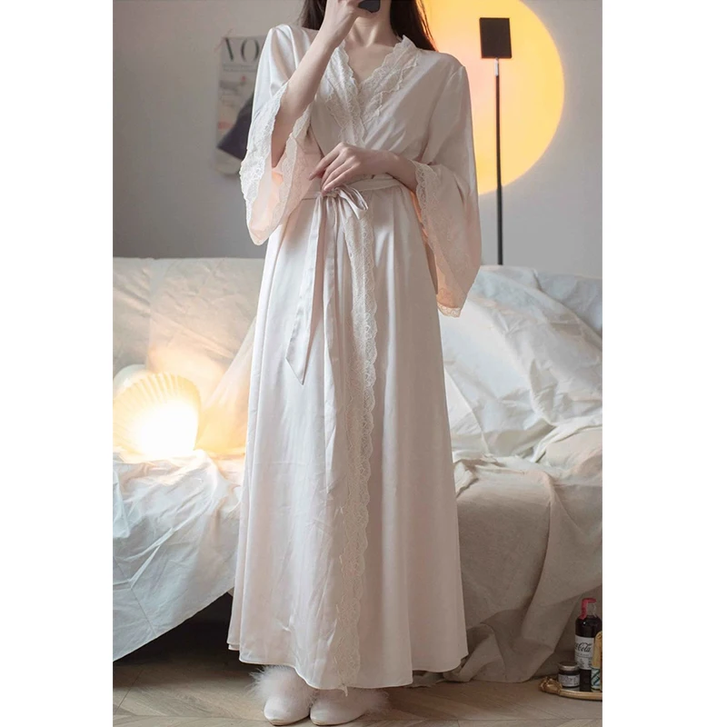 Women\'s Bathrobe Set Silk Spring Autumn Lace Sexy Ladies Dressing Gown Solid Satin Long Sleeve Nightdress With Chest Pad Female