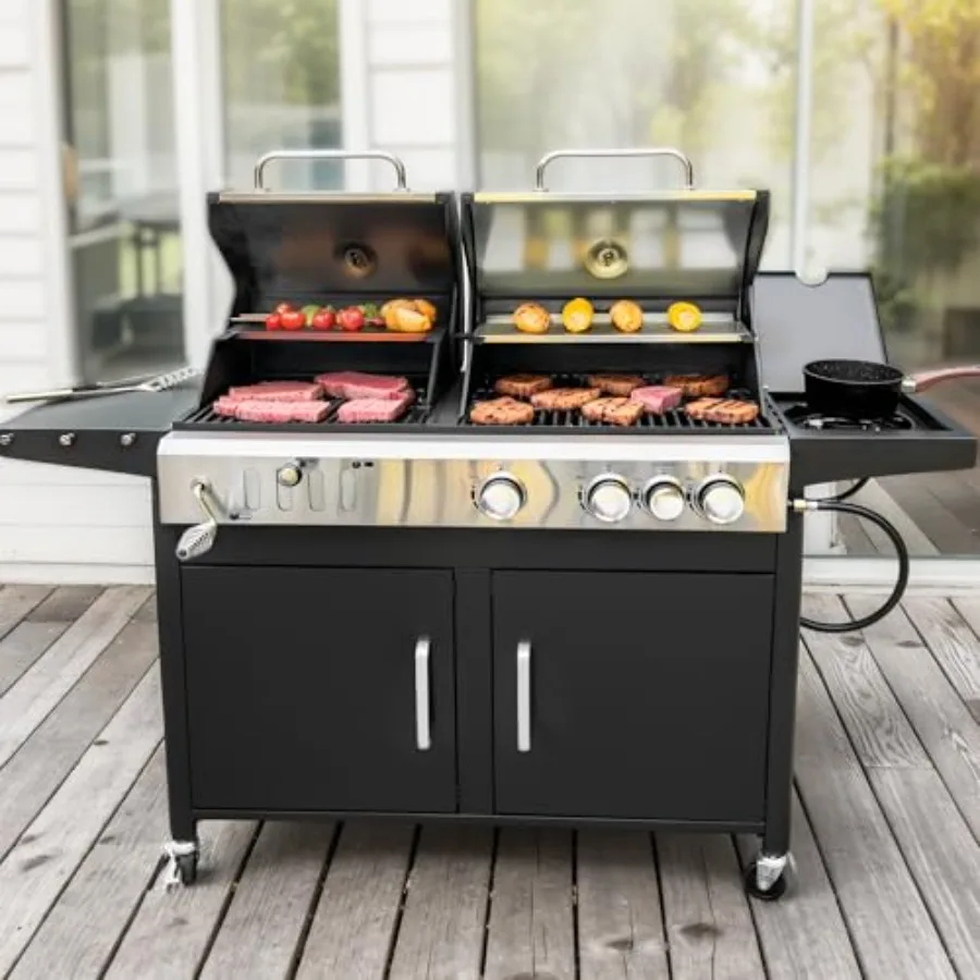 

3 In 1 Gas and Charcoal Grill Combo with Side Burner Porcelain-Enameled Cast Iron Grate Extra Large Dual-Function BBQ Propane G