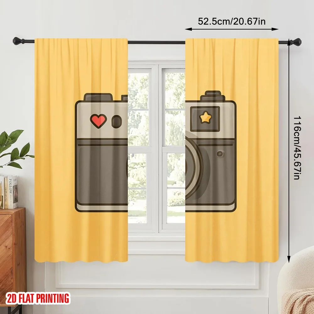 2pcs,2D plane printing Curtains Digital Printed Retro Camera Drawing Versatile Durable Polyester (without rod) Festive Perfect