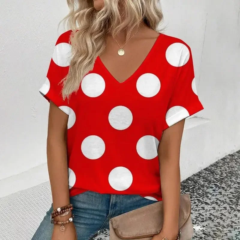 Women's Summer Short-Sleeved V-Neck T-Shirt 3D Polka Dot Print Casual Y2K Style Graphic Tee for Spring Autumn