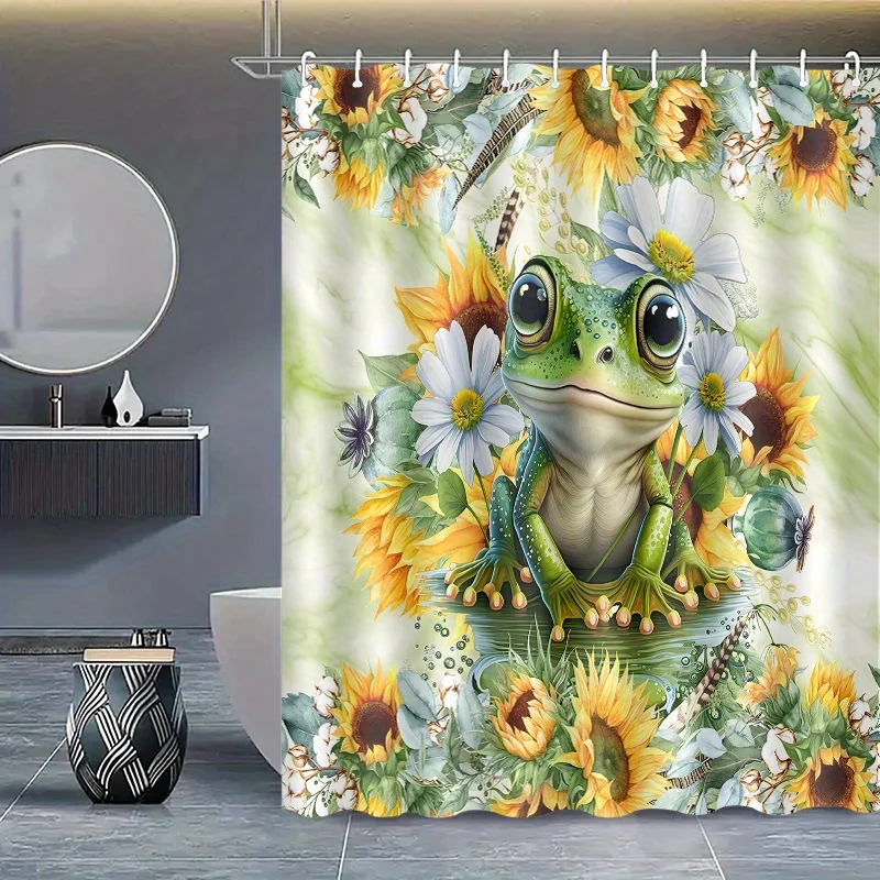 

Cute Frog Shower Curtain Sunflower and Daisy Art Garden Decor Nature Theme Waterproof Fabric Bath Curtain Set Home