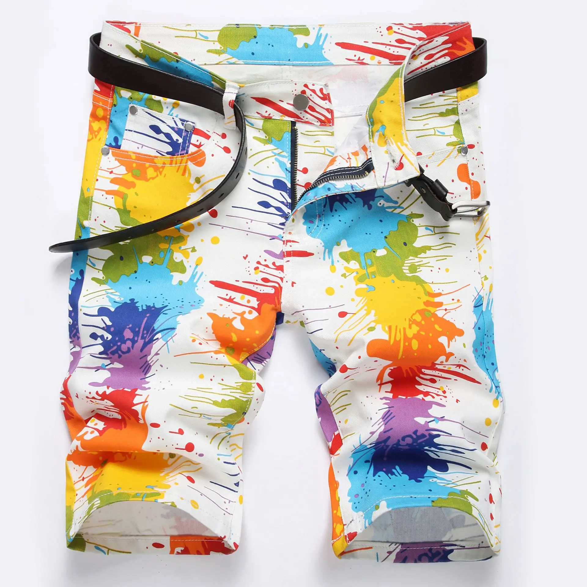 26 new Denim Shorts With Ink Splatter Style Elastic Five Quarter Pants Men Women Youthful Energetic Casual
