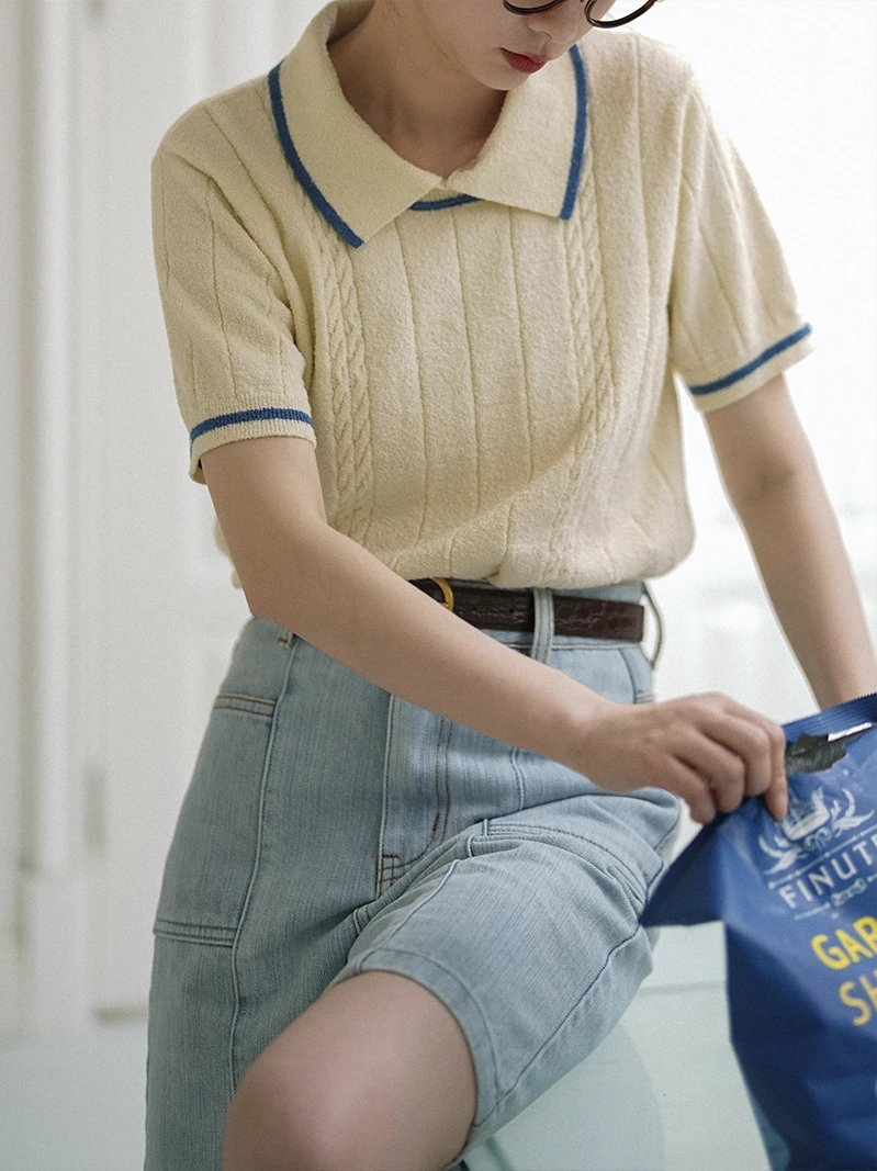 

Ox Top Student Retro Cotton Towel Material Two-Way ort Sve Women's Straight Cut Summer Faion irt