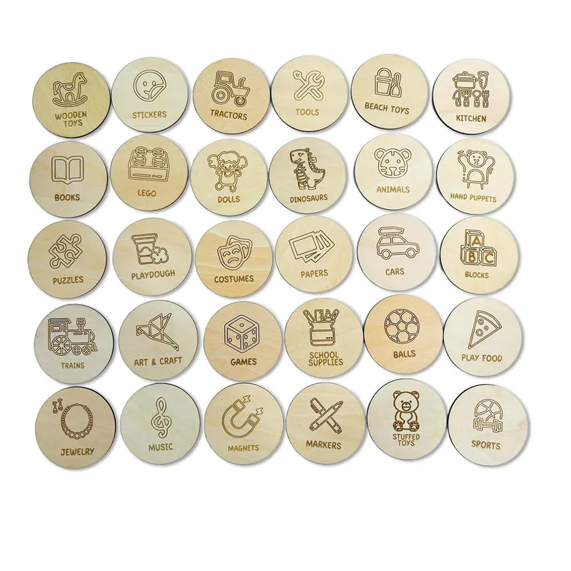 Étiquettes de boîte de rangement de jouets en bois, 30 pièces, panneaux de stockage de trofast pour salle de jeux, organisateur de pépinière, étiquettes rondes de trofast